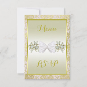 Golden Glitters, Diamond Floral Gems & Bow Wedding RSVP Card