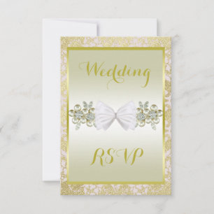 Golden Glitters, Diamond Floral Gems & Bow Wedding RSVP Card
