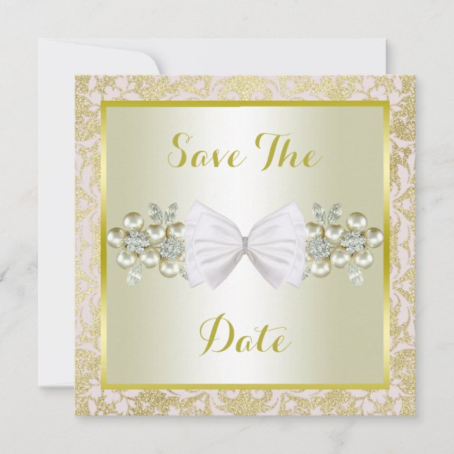 Golden Glitters, Diamond Floral Gems & Bow Wedding Save The Date (Front)