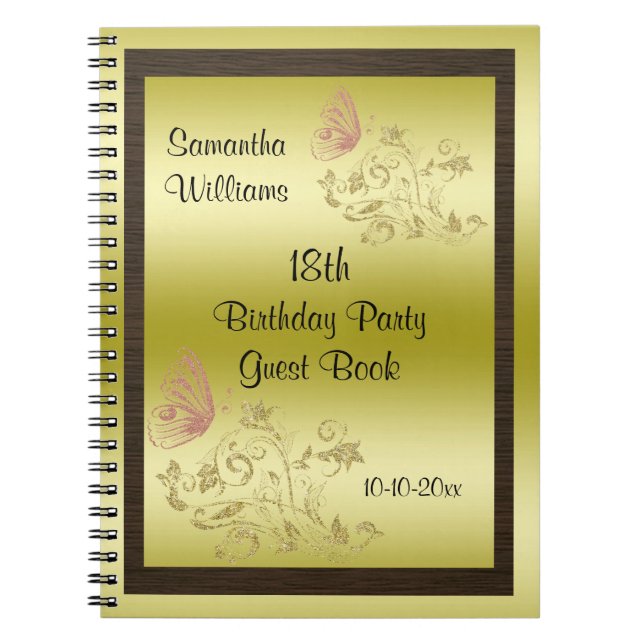 Golden Glitters & Sparkly Butterfly 18th Birthday Notebook (Front)