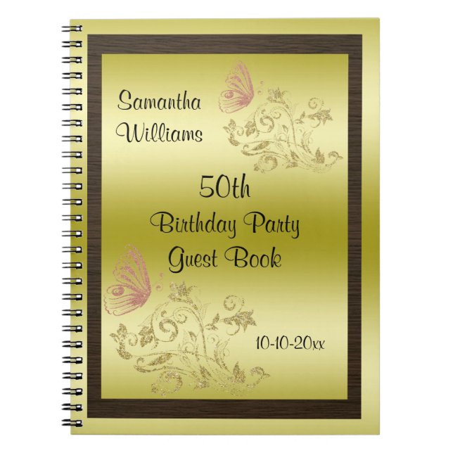 Golden Glitters & Sparkly Butterfly 50th Birthday Notebook (Front)