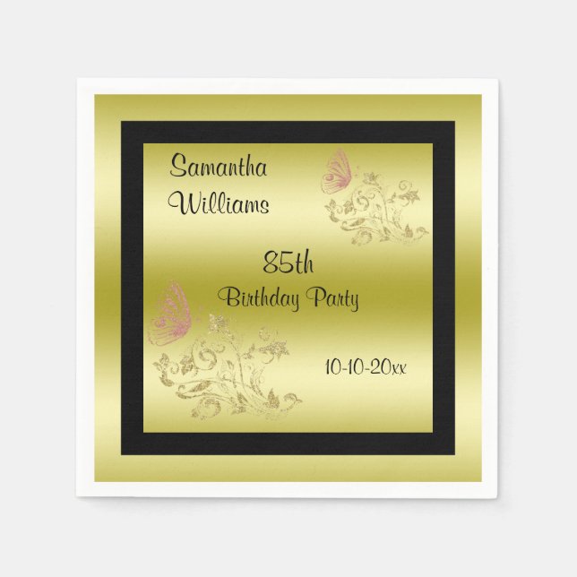 Golden Glitters & Sparkly Butterfly 85th Birthday Napkin (Front)