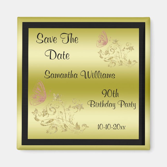 Golden Glitters & Sparkly Butterfly 90th Birthday Magnet (Front)