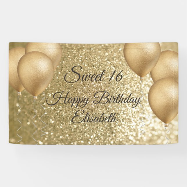 Golden glittery balloon sweet 16 party banner (Horizontal)