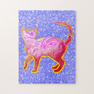 Golden Glittery lined Pink Cat Abstract Jigsaw Puzzle