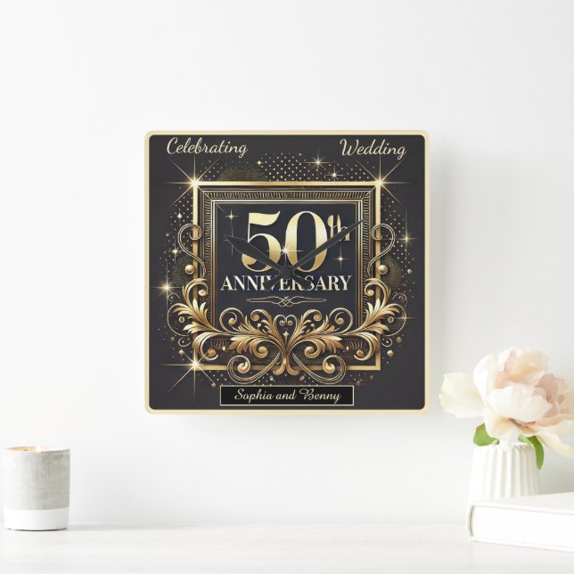 Golden Glow: 50th Anniversary Tribute Square Wall Clock (Home)