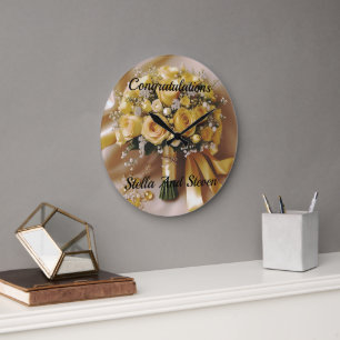 "Golden Glow: A Honeyed Rose Bouquet of Love" Large Clock