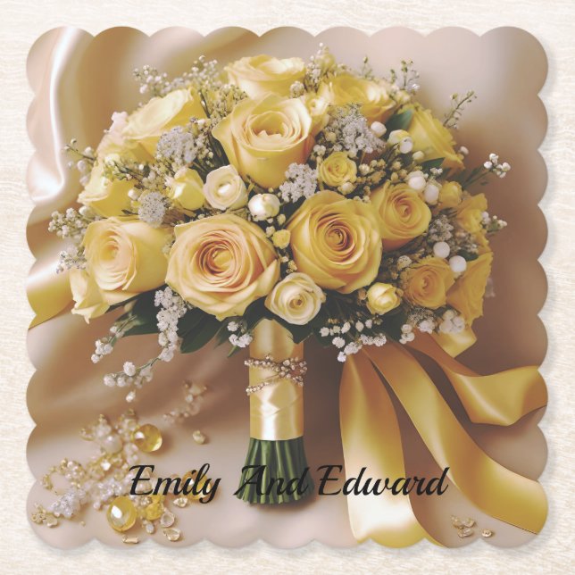 "Golden Glow: A Honeyed Rose Bouquet of Love" Paper Coaster (Front)