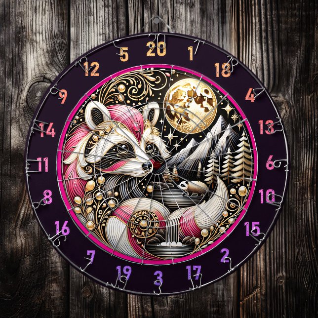 Golden Glow Highlights Playful Pink Racoon Dartboard (Creator Uploaded)