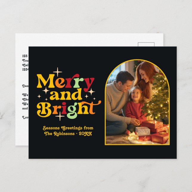 Golden Glow Merry and Bright Retro Christmas Holiday Postcard (Front/Back)