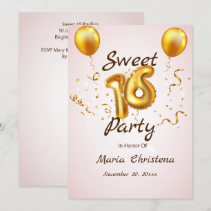 Golden Glow Sweet 16 Balloons Birthday Invitation