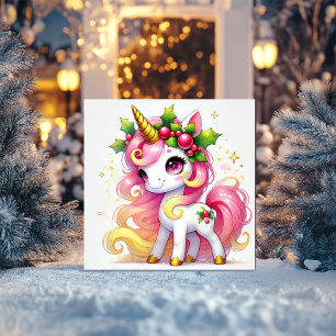 Golden Glow Unicorn with Holly Crown Holiday Card