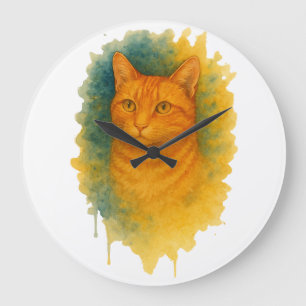Golden Glow: Watercolor Cat T-Shirt Large Clock