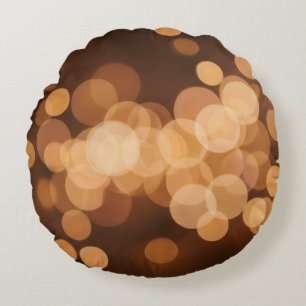Golden Glowing Abstract Bokeh Lights Round Cushion