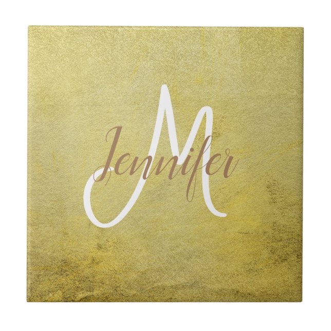 Golden Gold Simple Metallic glam Name Monogram Ceramic Tile (Front)