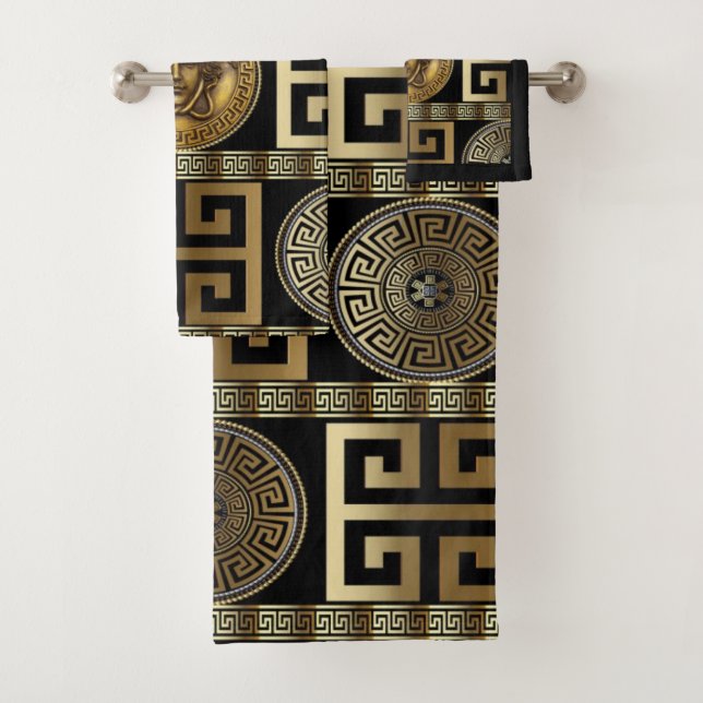 Golden Gorgon "Medusa" with Greek Key Geometric Bath Towel Set (Insitu)