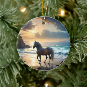 Golden Grace: A Palomino Horse on the Sunset Shore Ceramic Ornament