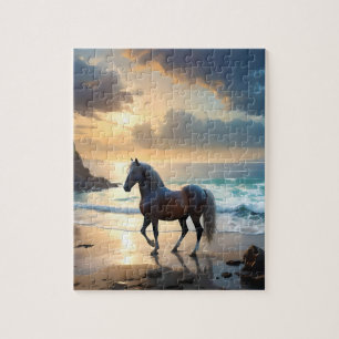 Golden Grace: A Palomino Horse on the Sunset Shore Jigsaw Puzzle