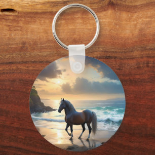 Golden Grace: A Palomino Horse on the Sunset Shore Key Ring