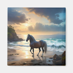 Golden Grace: A Palomino Horse on the Sunset Shore Magnet