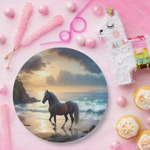 Golden Grace: A Palomino Horse on the Sunset Shore Paper Plate