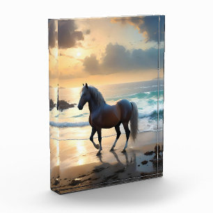 Golden Grace: A Palomino Horse on the Sunset Shore Photo Block