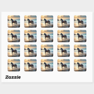 Golden Grace: A Palomino Horse on the Sunset Shore Square Sticker