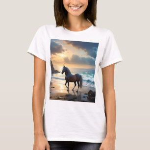 Golden Grace: A Palomino Horse on the Sunset Shore T-Shirt