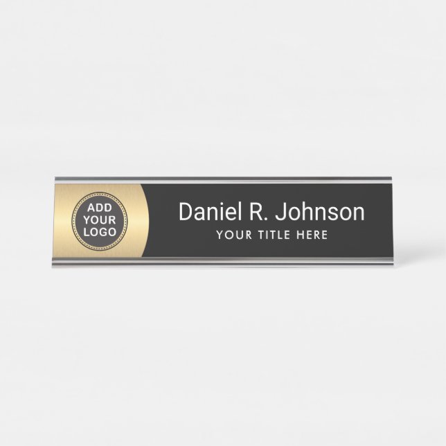 Golden gradient custom logo modern black desk name plate (Front)