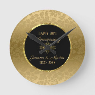 Golden Gradient Damask Pattern Anniversary  Round Clock