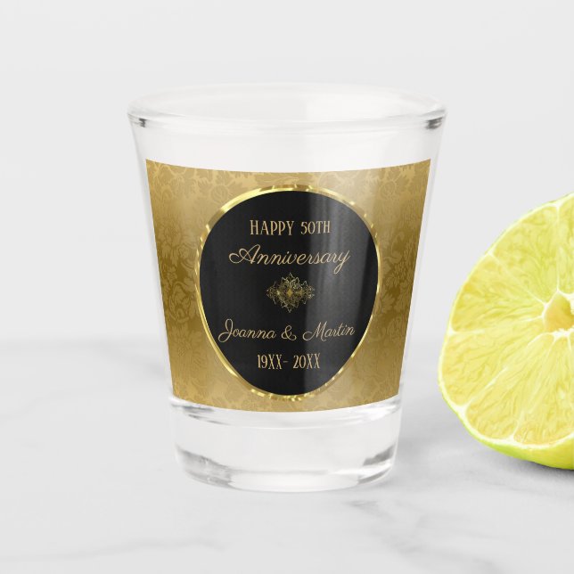 Golden Gradient Damask Pattern Anniversary  Shot Glass (Front)