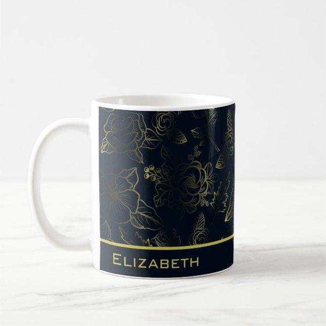 Golden gradient floral pattern personalised name  coffee mug (Left)