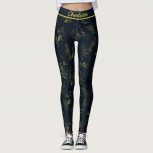 Golden gradient floral pattern personalised name  leggings