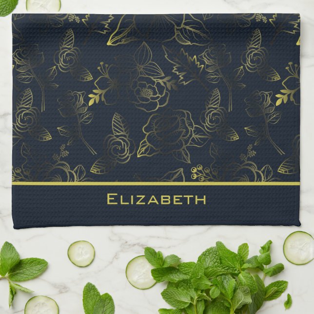 Golden gradient floral pattern personalised name  tea towel (Folded)