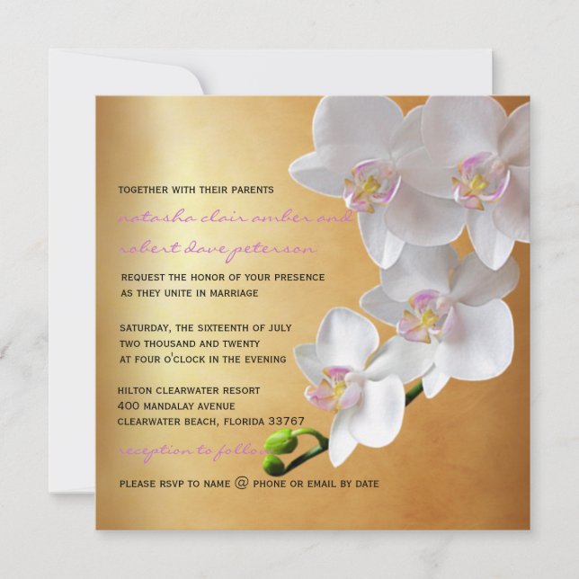 Golden Gradient Glow White Orchids Wedding Invites (Front)