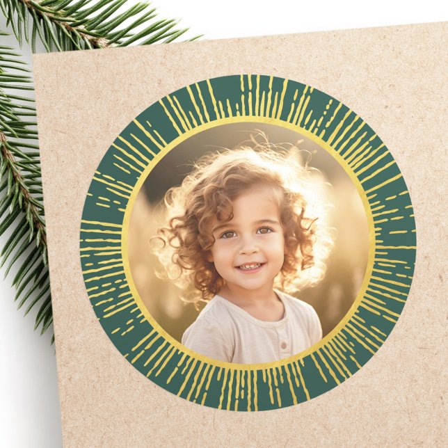 Golden gradient sunburst photo Christmas green Classic Round Sticker (Golden gradient sunburst photo Christmas green Classic Round Sticker)