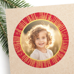 Golden gradient sunburst photo Christmas red Classic Round Sticker