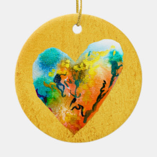 Golden graffiti heart watercolor art ceramic ornament