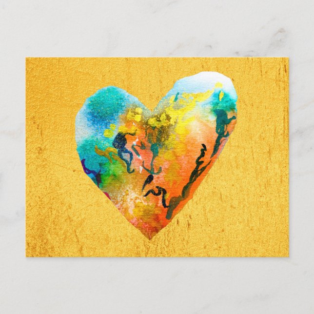 Golden graffiti heart watercolor art postcard (Front)