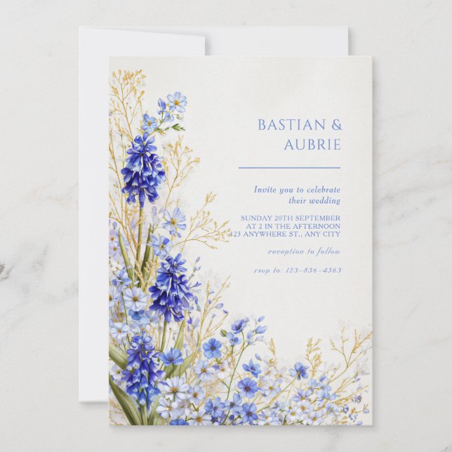 Golden Grass Blue Muscari Botanical Spray Wedding Invitation (Front)