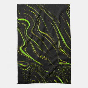 Golden grass, wavy green long traces on black fund tea towel