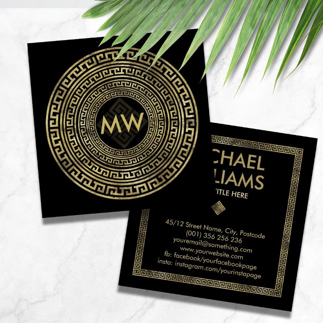 Golden Greek Key Monogram - Round frame Square Business Card (Creator Uploaded)
