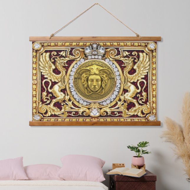 Golden Greek Medusa Wood Topped Wall Tapestry (Bedroom)
