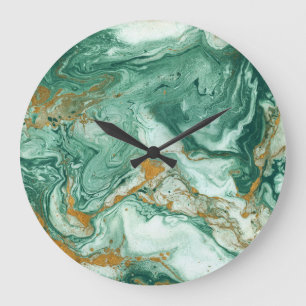Golden-green acrylic: marble texture art. large clock