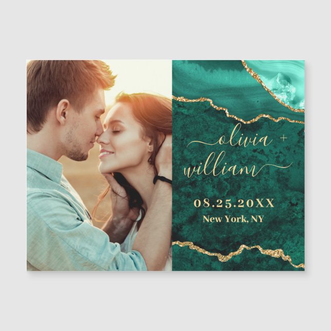 Golden Green Agate Save the Date Magnetic Card (Front)