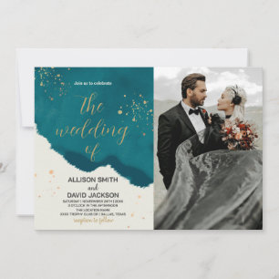 Golden Green Art Wedding Invitations with photo