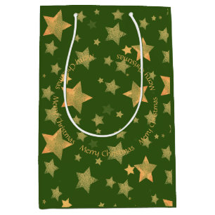 Golden Green Christmas Stars Elegant Chic Medium Gift Bag