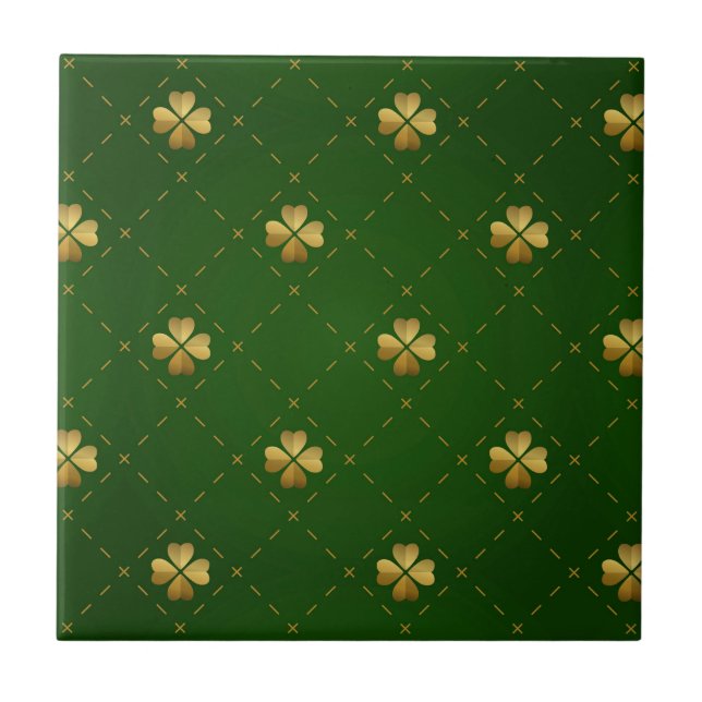 Golden Green Clover Pattern Ceramic Tile (Front)