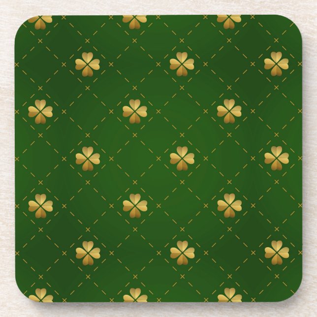 Golden Green Clover Pattern Coaster (Front)