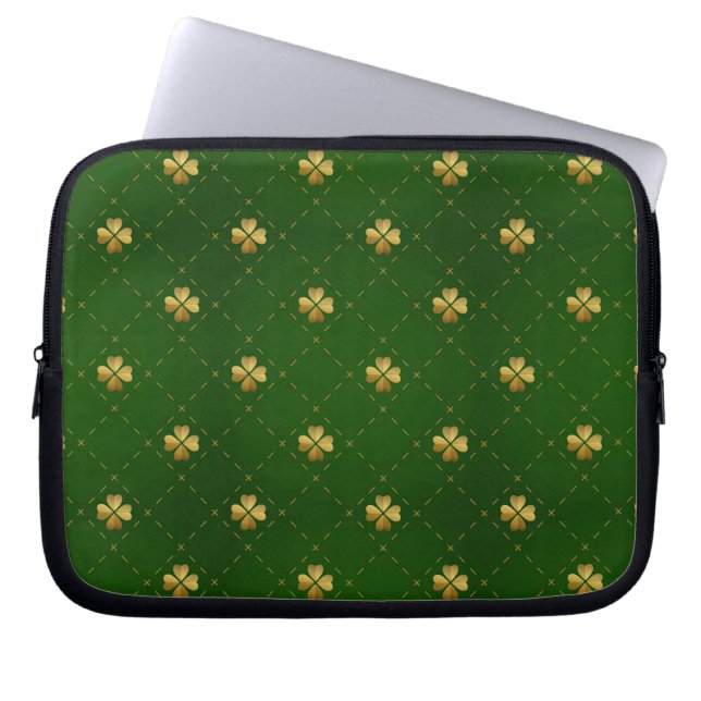 Golden Green Clover Pattern Laptop Sleeve (Front)
